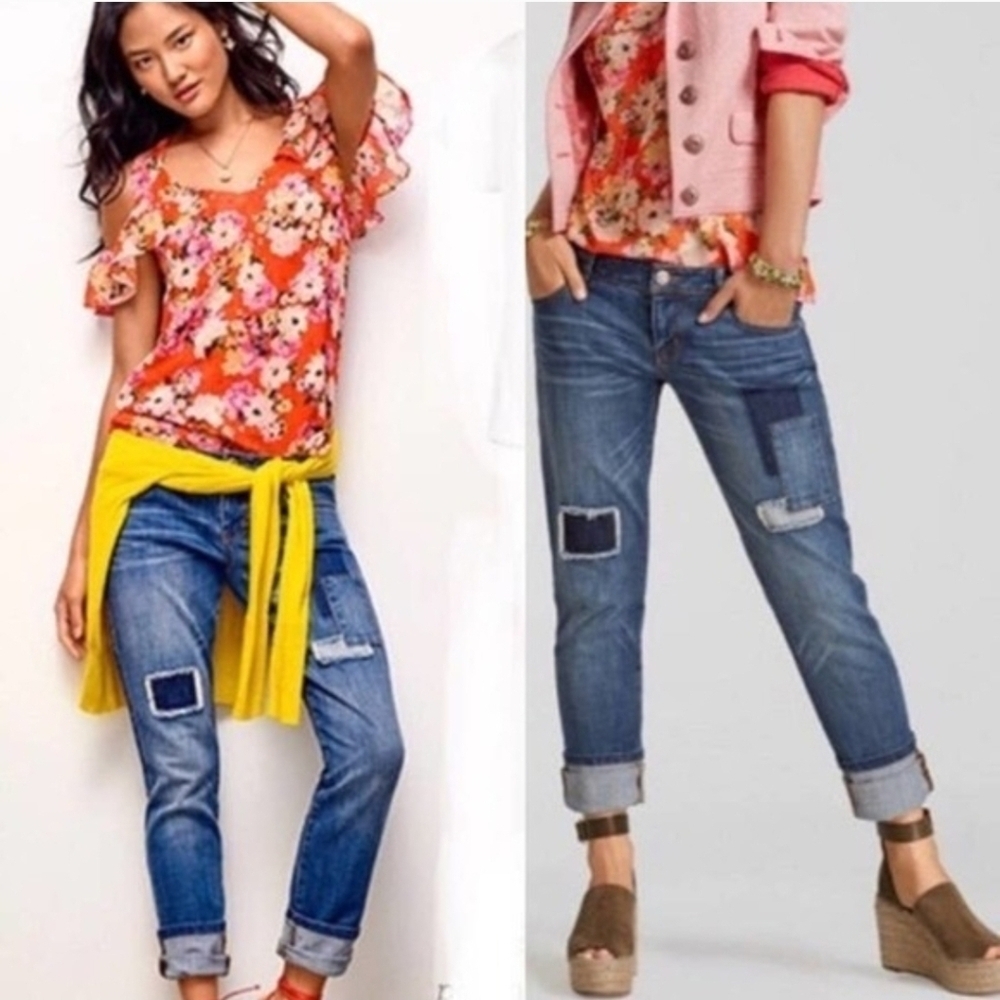 Cabi Slim Boyfriend Jeans 6 Patchwork Stretch Denim Medium Wash Blue